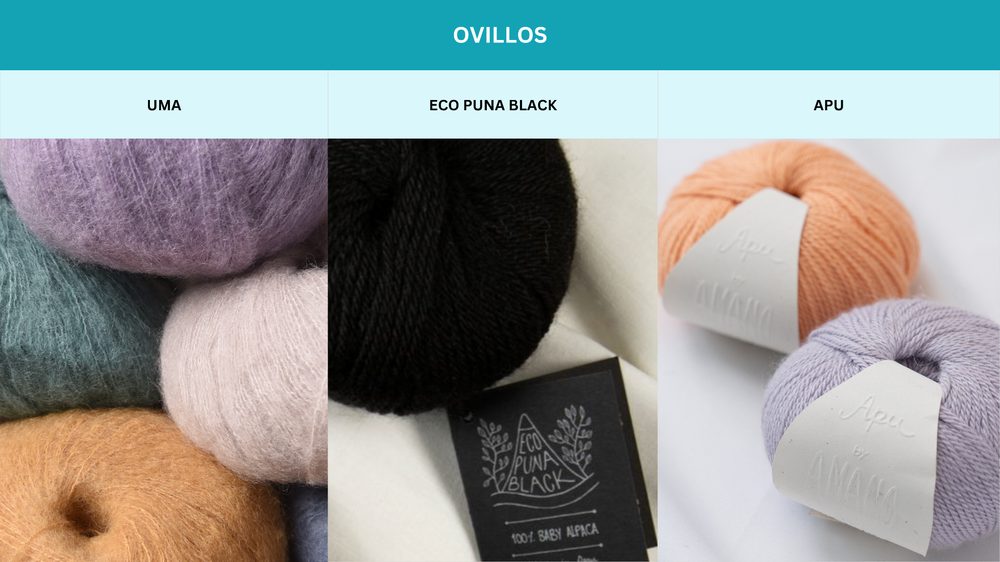 Ovillos de fibras naturales de Amano Yarns: UMA, Eco Puna Black y APU