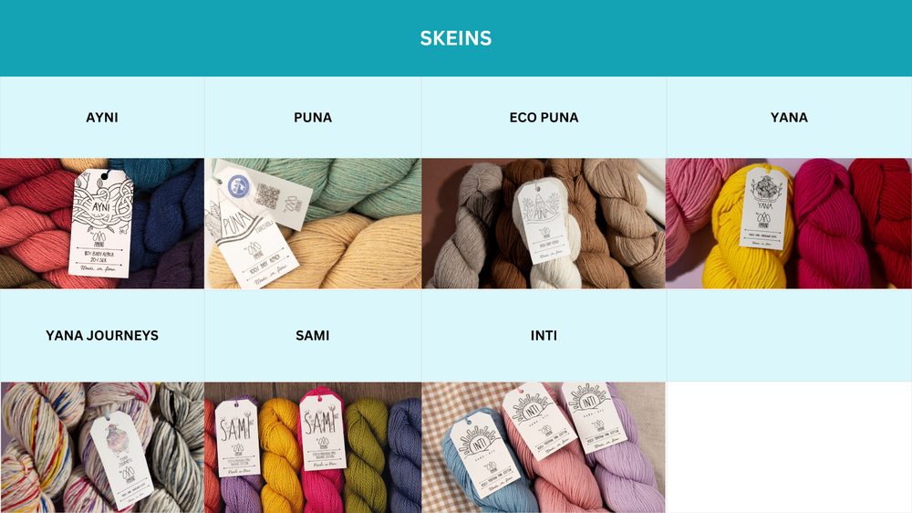 Amano Yarns natural fiber skeins: Ayni, Puna, Eco Puna, Yana, Yana Journeys, Sami and Inti