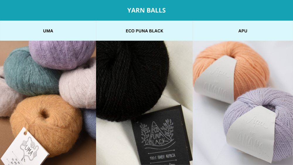 Amano Yarns natural fiber yarn balls: UMA, Eco Puna Black and APU